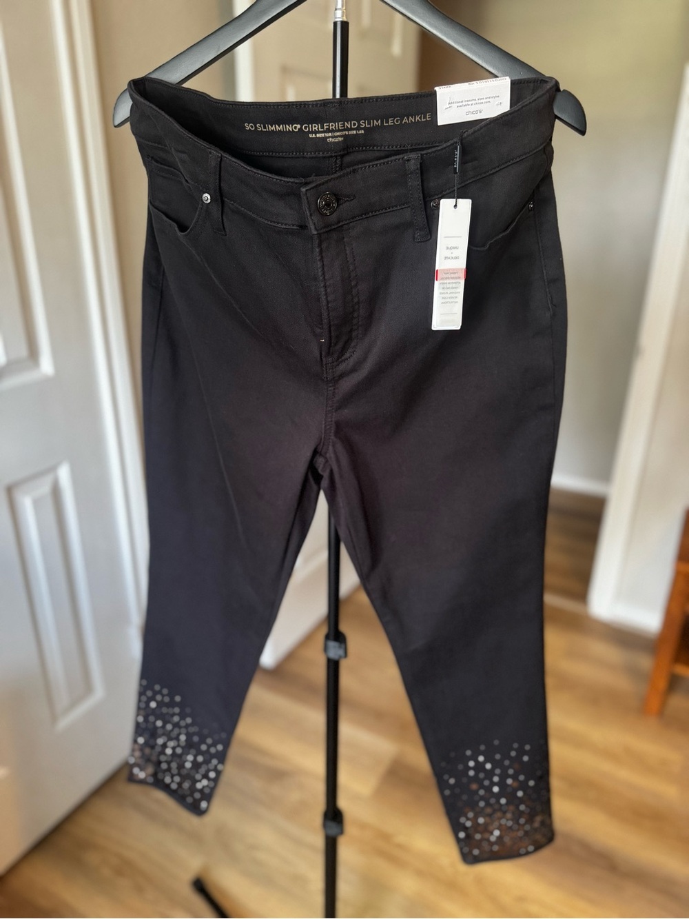 Chico's So Slimming Girlfriend Slim Leg Ankle Jeans - Black with Sparkle Detail